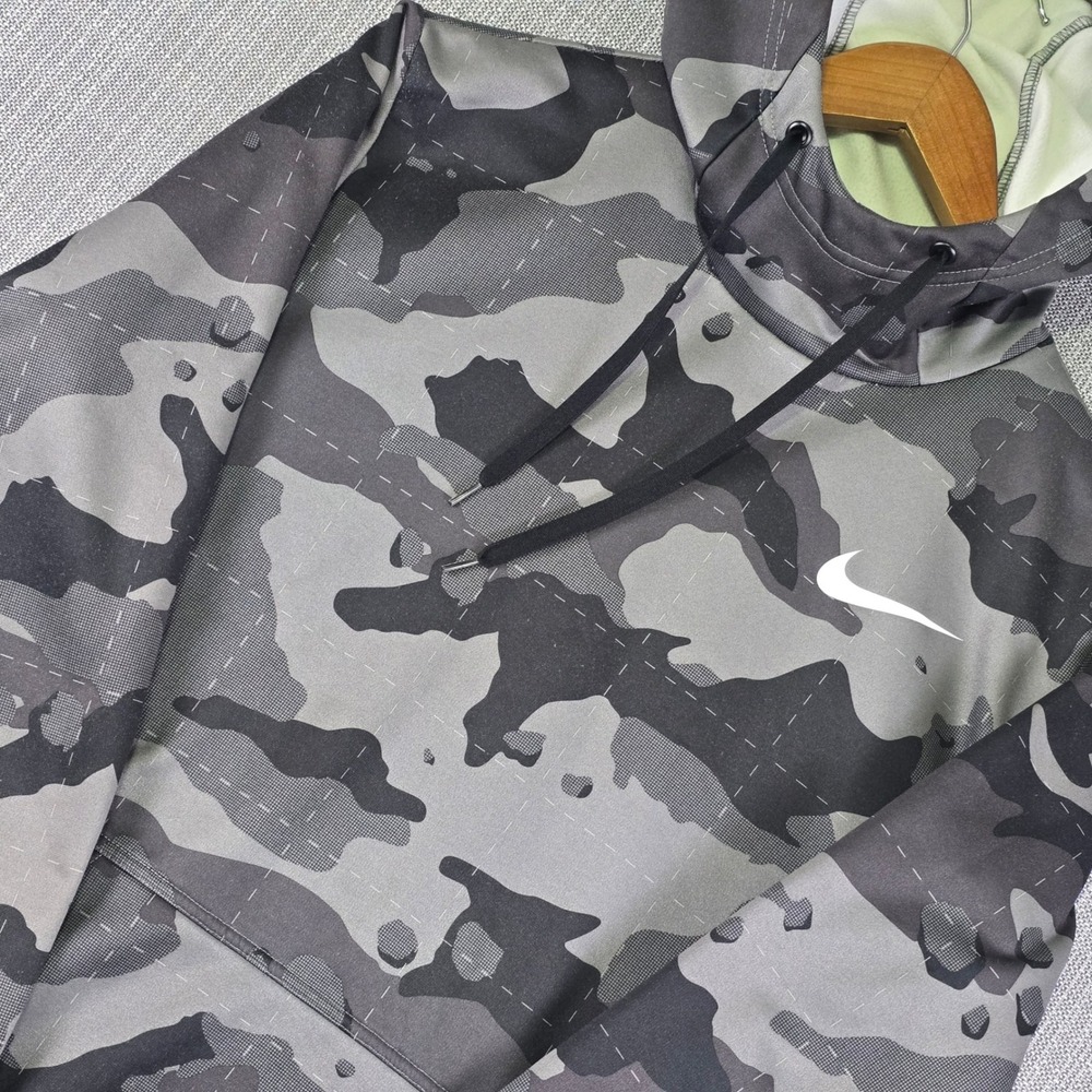 Nike Therma-FIT Camo Hoodie Mens M Gray Black Training Pullover Kangaroo DD1757